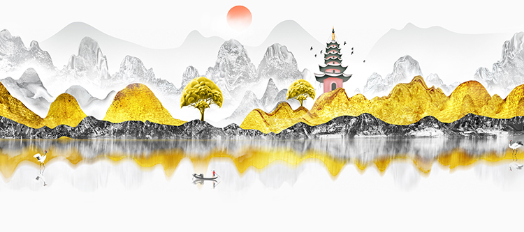 中式水墨山水禅意现代晶瓷画中国风卧室装饰画芯高清素材图库