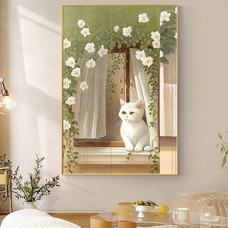 奶油风可爱猫咪北欧窗户简约小猫玄关装饰画挂画高清素材图库