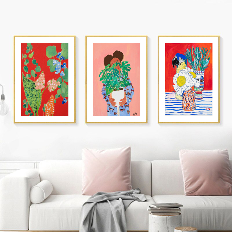 北欧现代简约小清新植物花卉花瓶油画餐厅小众装饰画图片素材