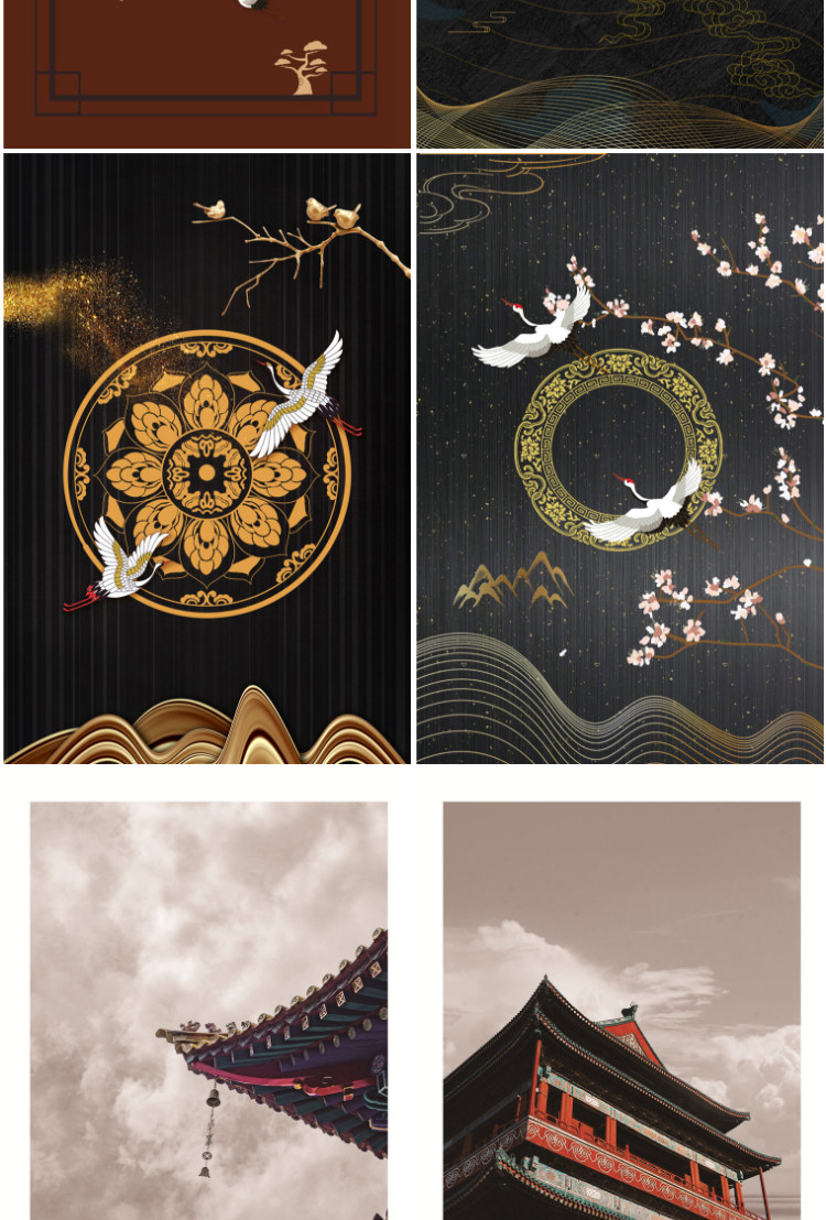 中国风国潮装饰画芯素材高清图库故宫中国红晶瓷画轻奢三联挂画