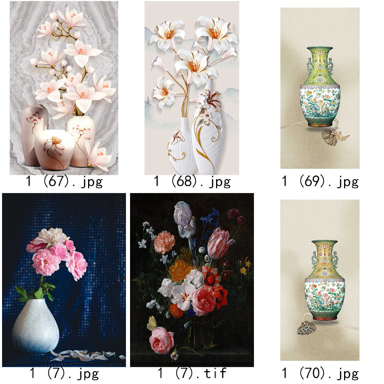 现代简约清新水彩植物花瓶北欧静物花卉装饰画三联高清图库素材