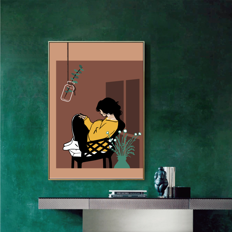 现代简约 小清新美女插画莫兰迪色系装饰画挂画打印图片素材