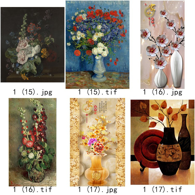 现代简约清新水彩植物花瓶北欧静物花卉装饰画三联高清图库素材