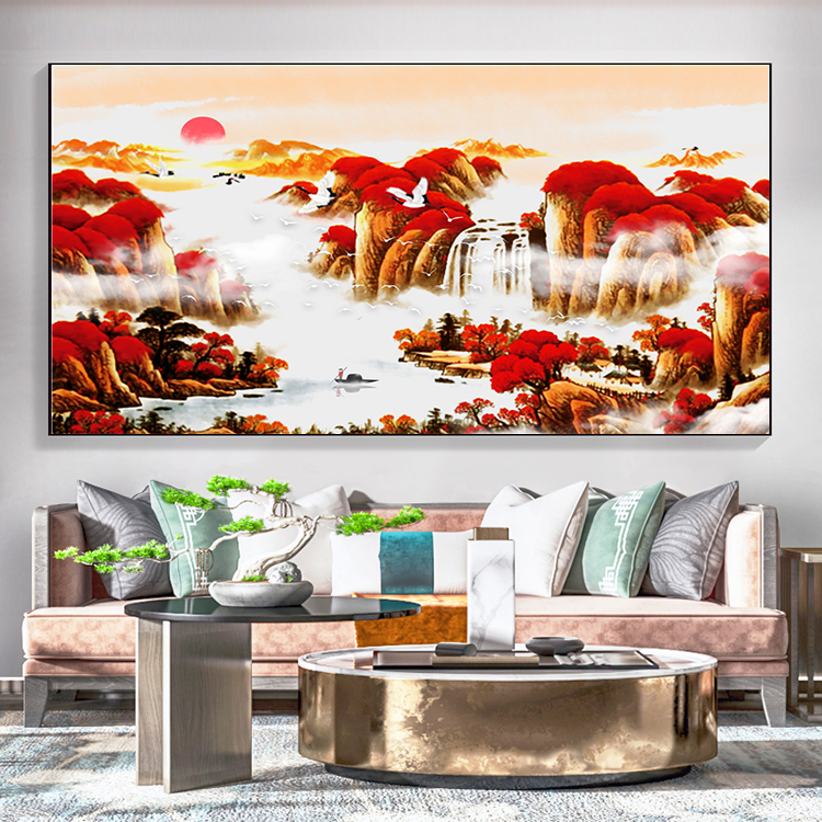 鸿运当头国画山水画风水靠山手绘中式办公室装饰壁画高清素材