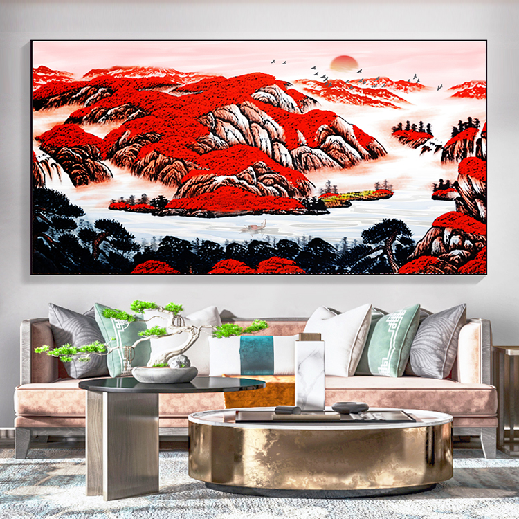 鸿运当头国画山水画风水靠山手绘中式办公室装饰壁画高清素材