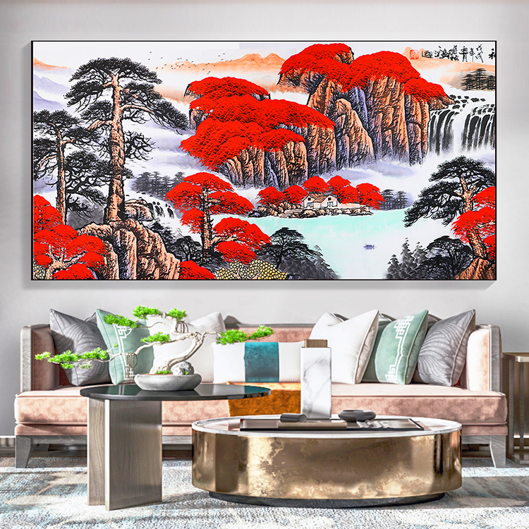 鸿运当头国画山水画风水靠山手绘中式办公室装饰壁画高清素材
