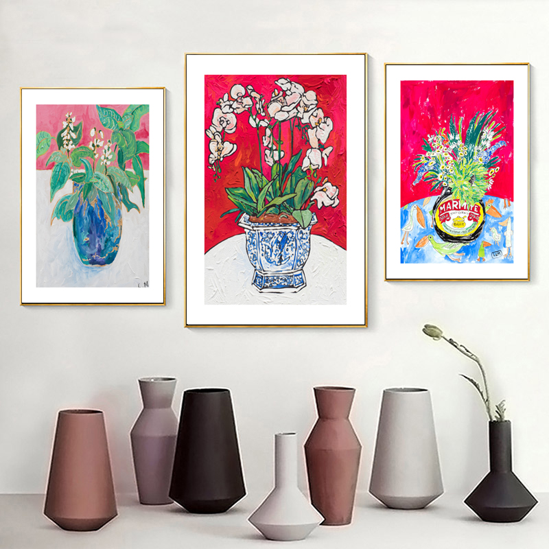 北欧现代简约小清新植物花卉花瓶油画餐厅小众装饰画图片素材