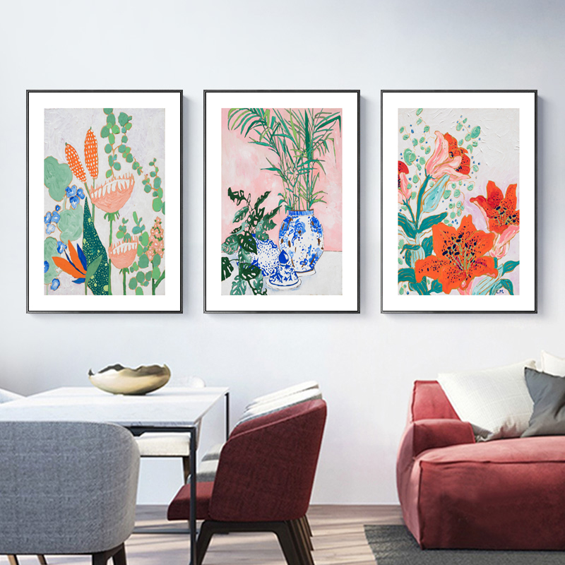 北欧现代简约小清新植物花卉花瓶油画餐厅小众装饰画图片素材
