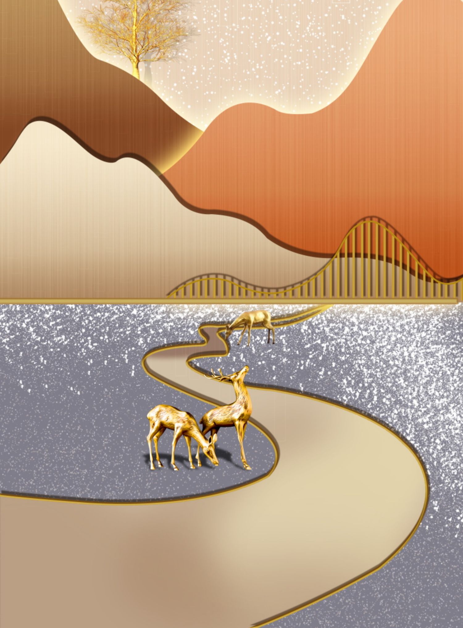 现代简约轻奢晶瓷画带灯光画玄关鹿九鱼图装饰画画芯高清素材图库