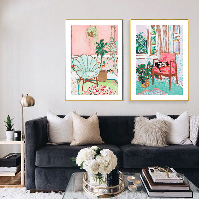 北欧现代简约小清新手绘沙发猫咪植物客厅小众装饰画画芯素材