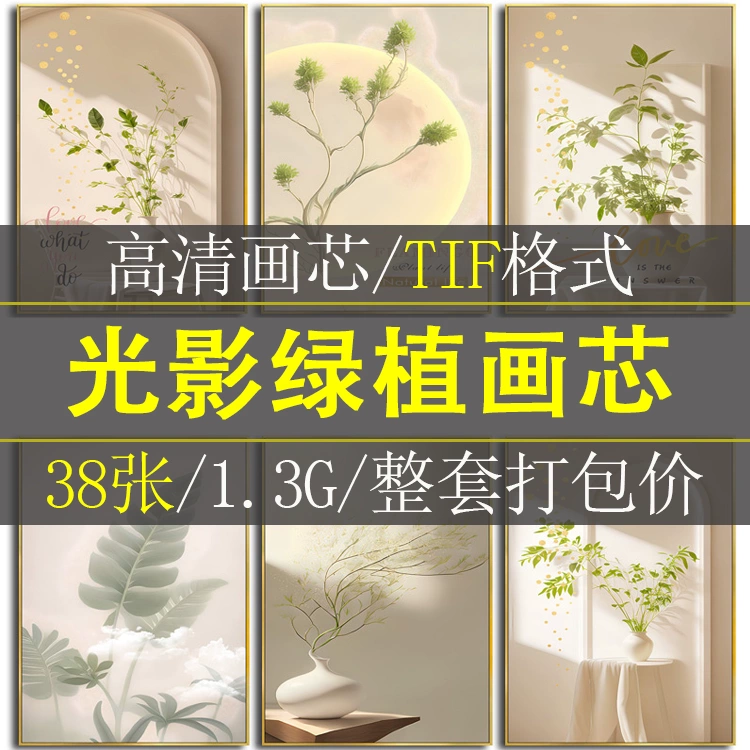 侘寂风现代简约光影绿植奶油风客厅玄关装饰画芯高清素材图库