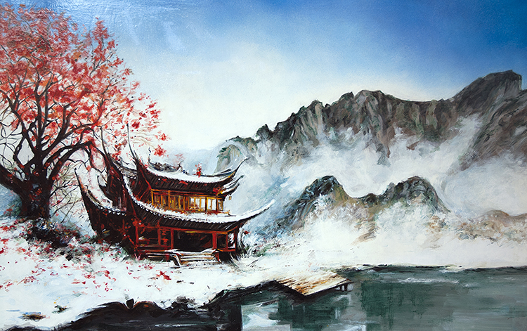 现代简约清新手绘肌理油画北欧树林风景客厅装饰画画芯素材图库