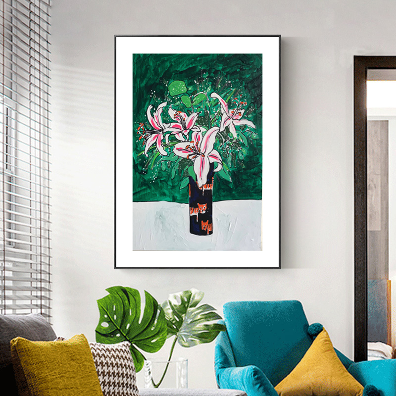 北欧现代简约小清新植物花卉花瓶油画餐厅小众装饰画图片素材