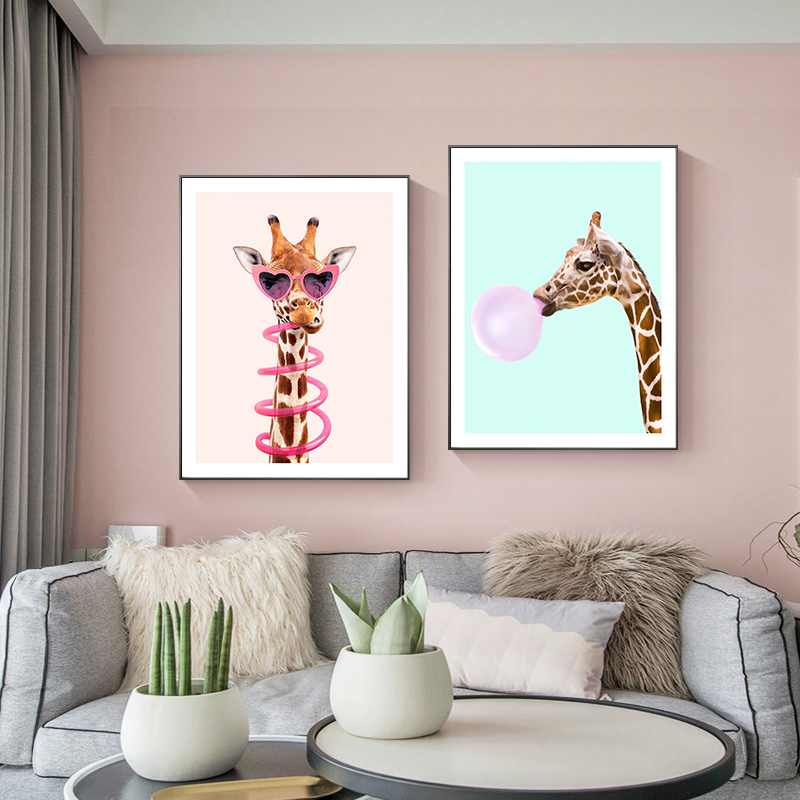 莫兰迪色系奶油风卡通动物温馨儿童房卧室装饰画画芯高清素材