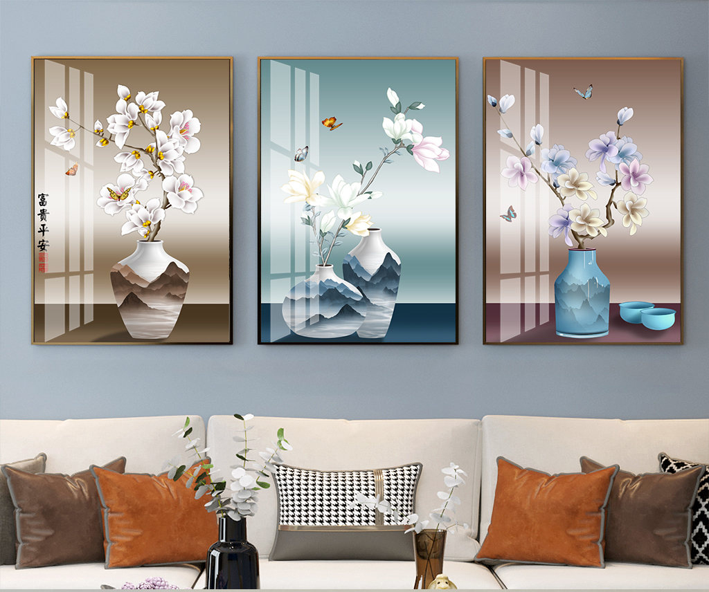 现代简约手绘烤瓷3D梅花卉花瓶晶钻装饰画画芯素材高清图片库轻奢