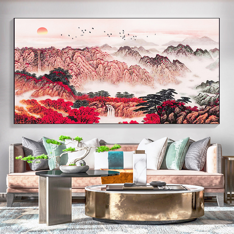 鸿运当头国画山水画风水靠山手绘中式办公室装饰壁画高清素材