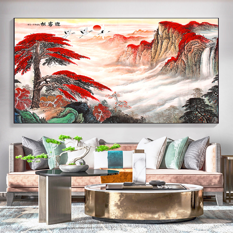 鸿运当头国画山水画风水靠山手绘中式办公室装饰壁画高清素材