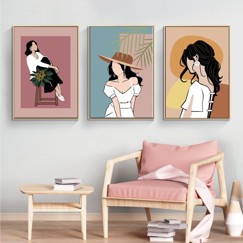 现代简约 小清新美女插画莫兰迪色系装饰画挂画打印图片素材