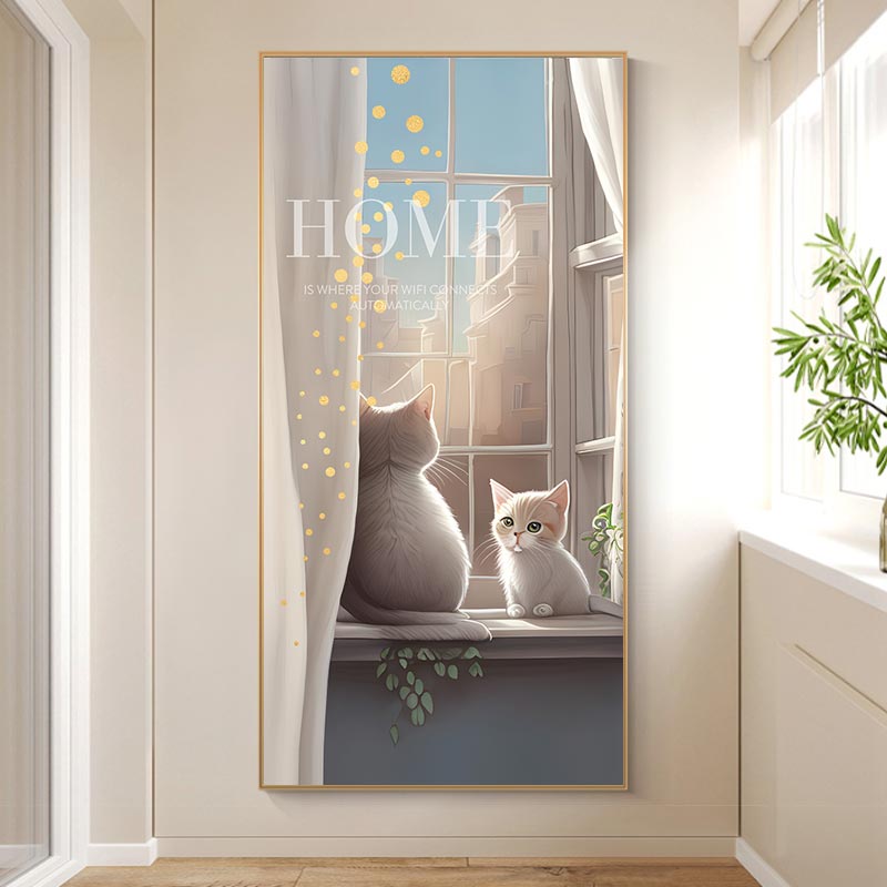 奶油风可爱猫咪北欧窗户简约小猫玄关装饰画挂画高清素材图库