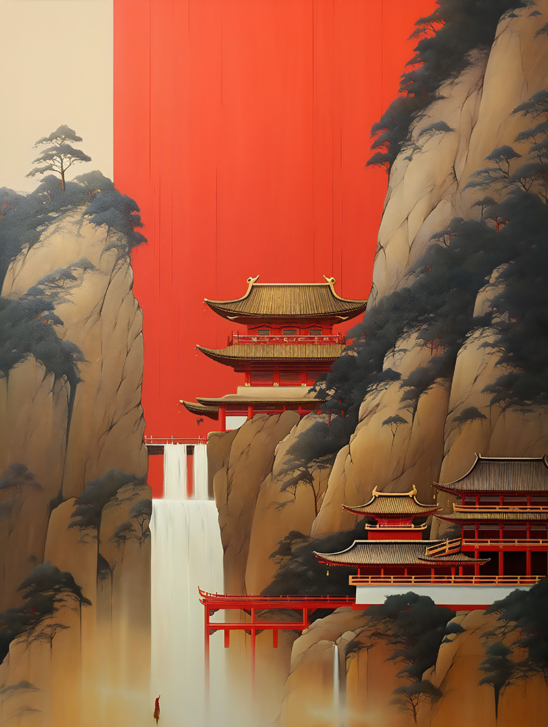 新中式中国风江南水乡水墨房子玄关背景墙挂画装饰画素材图库