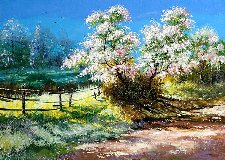 现代简约清新手绘肌理油画北欧树林风景客厅装饰画画芯素材图库