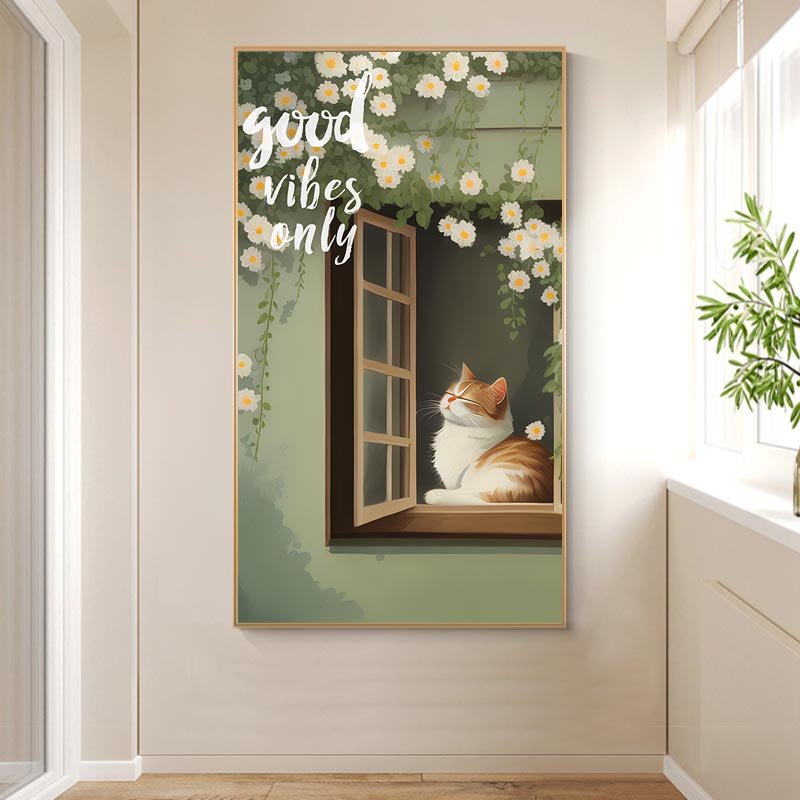 奶油风可爱猫咪北欧窗户简约小猫玄关装饰画挂画高清素材图库