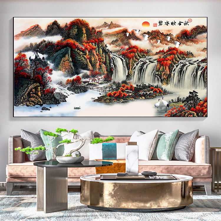 鸿运当头国画山水画风水靠山手绘中式办公室装饰壁画高清素材
