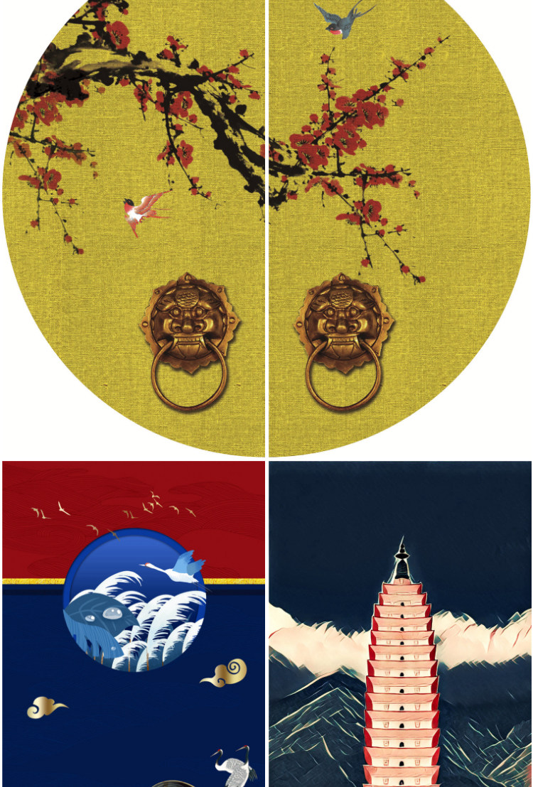 中国风国潮装饰画芯素材高清图库故宫中国红晶瓷画轻奢三联挂画