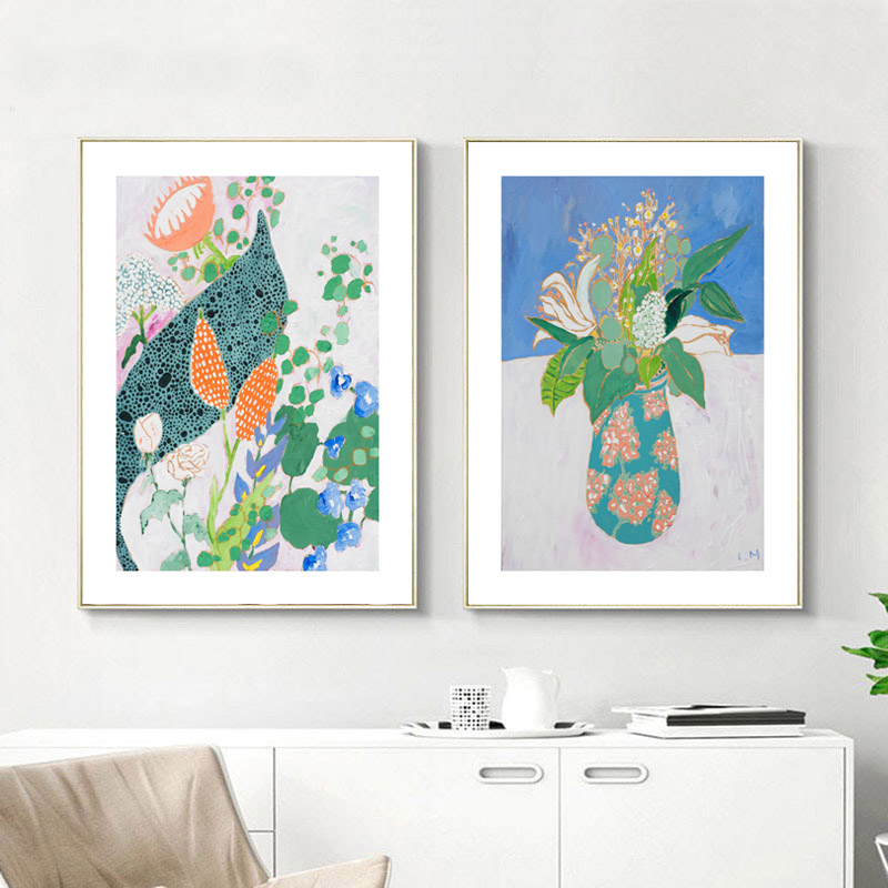 北欧现代简约小清新植物花卉花瓶油画餐厅小众装饰画图片素材