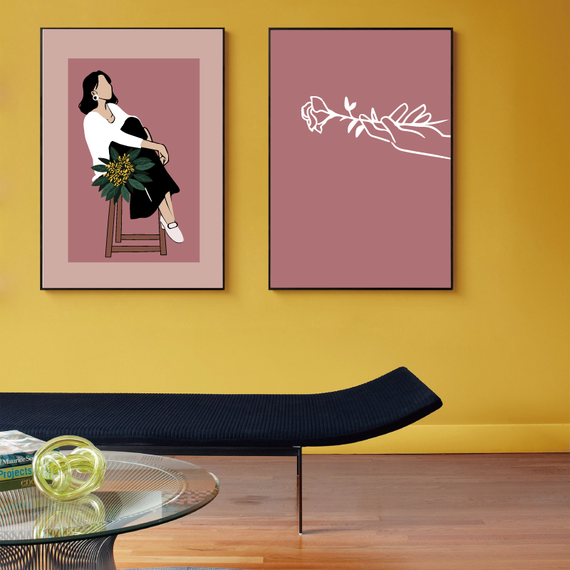 现代简约 小清新美女插画莫兰迪色系装饰画挂画打印图片素材