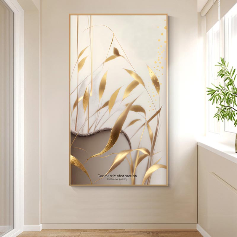 侘寂风简约晶瓷画金色芦苇光影玄关客厅装饰画高清素材图库