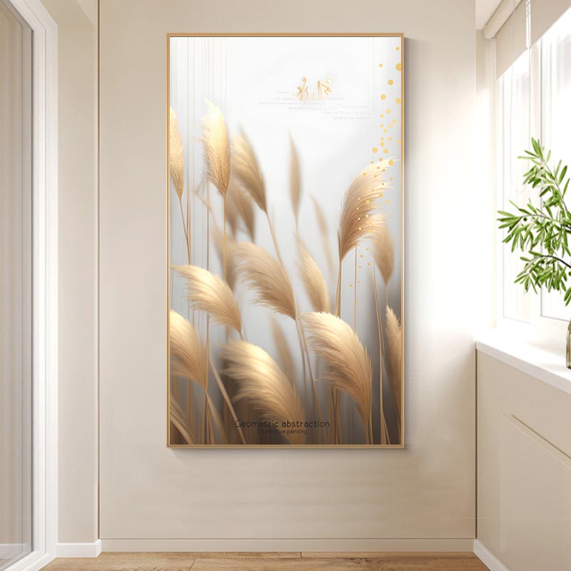 侘寂风简约晶瓷画金色芦苇光影玄关客厅装饰画高清素材图库