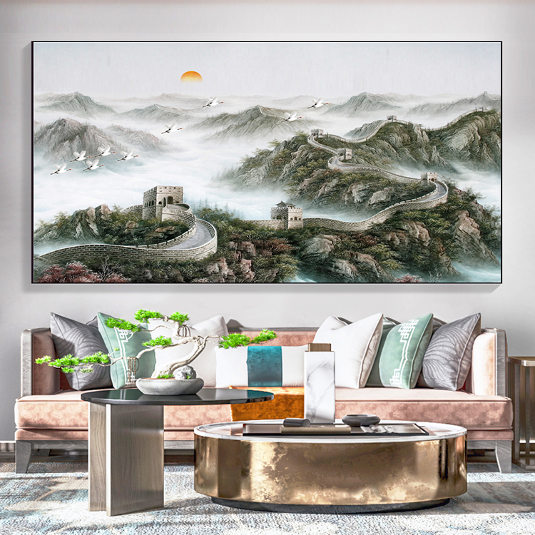 新中式万里长城画背有靠山山水画办公室背景装饰画芯高清素材