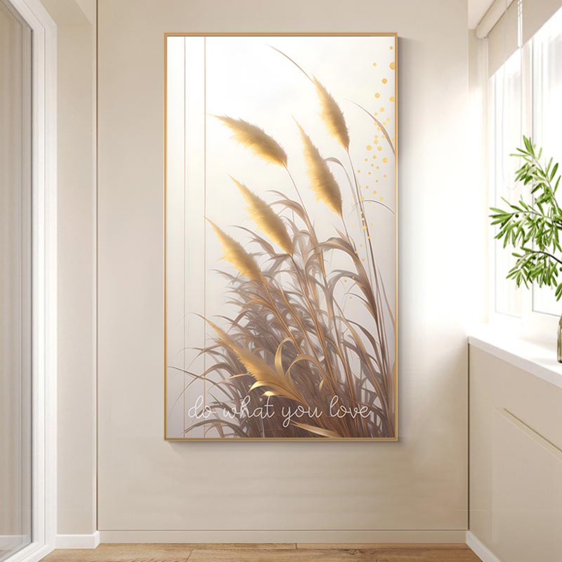 侘寂风简约晶瓷画金色芦苇光影玄关客厅装饰画高清素材图库
