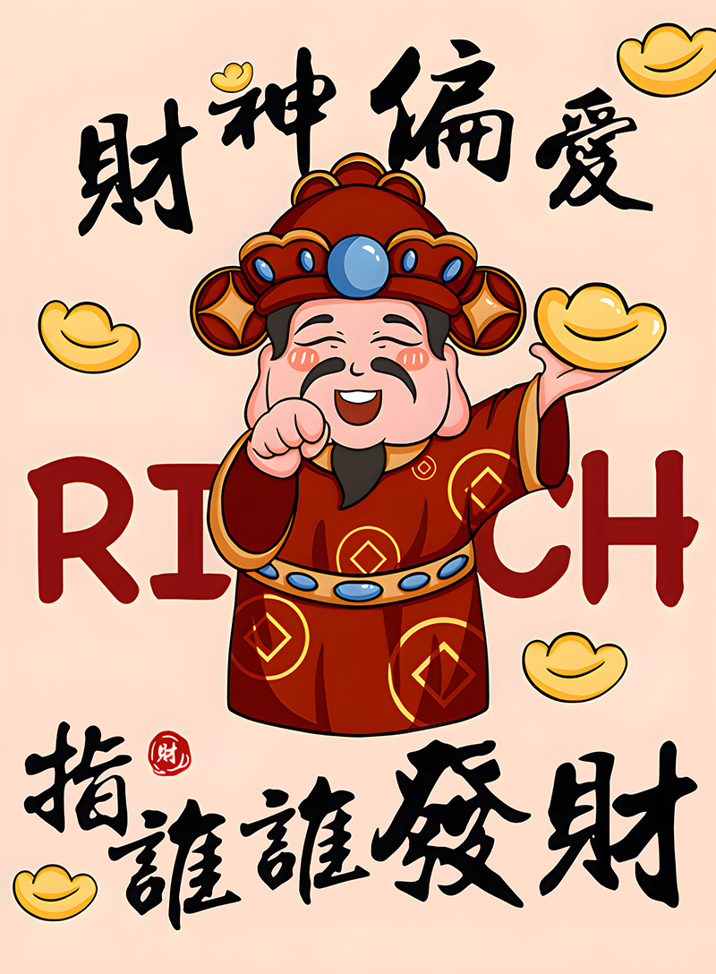网红国潮中国风财神恭喜发财年画店铺玄关装饰画高清素材图片库